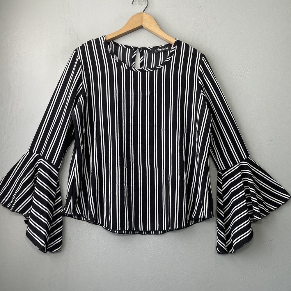 Arabella Black White Striped Top Size M L Flared Bell Sleeve Preppy Whimsigoth